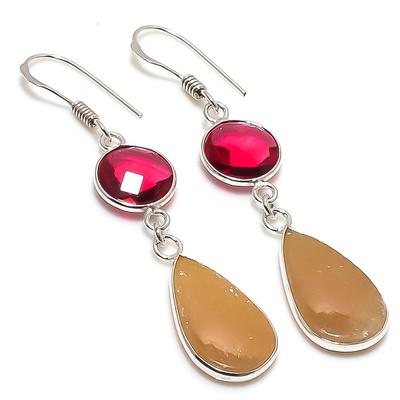 Natural Orange Aventurine,Rubillite Stone 925 Sterling Silver Earring 2.29" P1r92