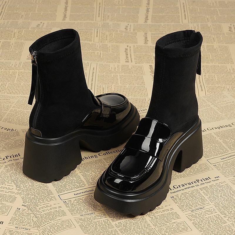 Women's Thick Heel Cotton Boots Winter New Round Head Splicing Elastic Cloth Back Zipper Thick Sole Non-slip Short Boots