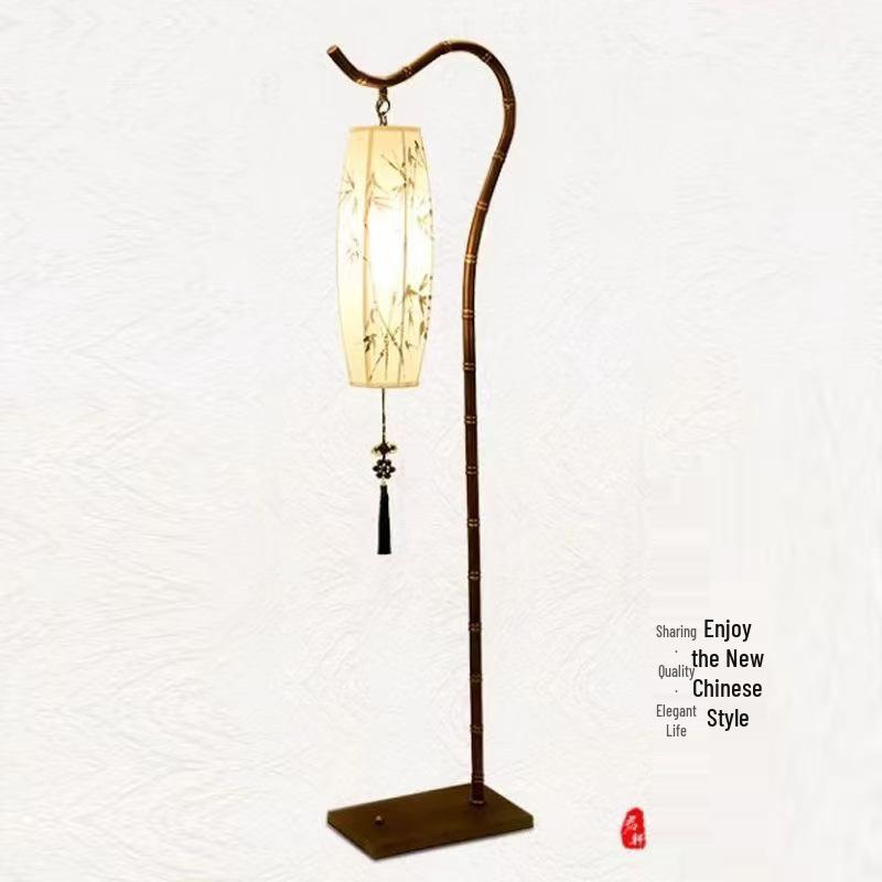 Retro Zen Bamboo Hand-Painted Floor Lamp for Living Room, Study, or Bedroom - Iron Art, New Chinese Antique Style