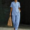 Women's 2 Piece Linen Sets, Short Sleeve Button Up Top And Wide Leg Pants Matching Outfits, Summer Casual Lounge Sets with Pockets