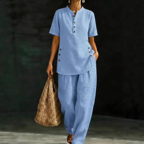 Women's 2 Piece Linen Sets, Short Sleeve Button Up Top And Wide Leg Pants Matching Outfits, Summer Casual Lounge Sets with Pockets