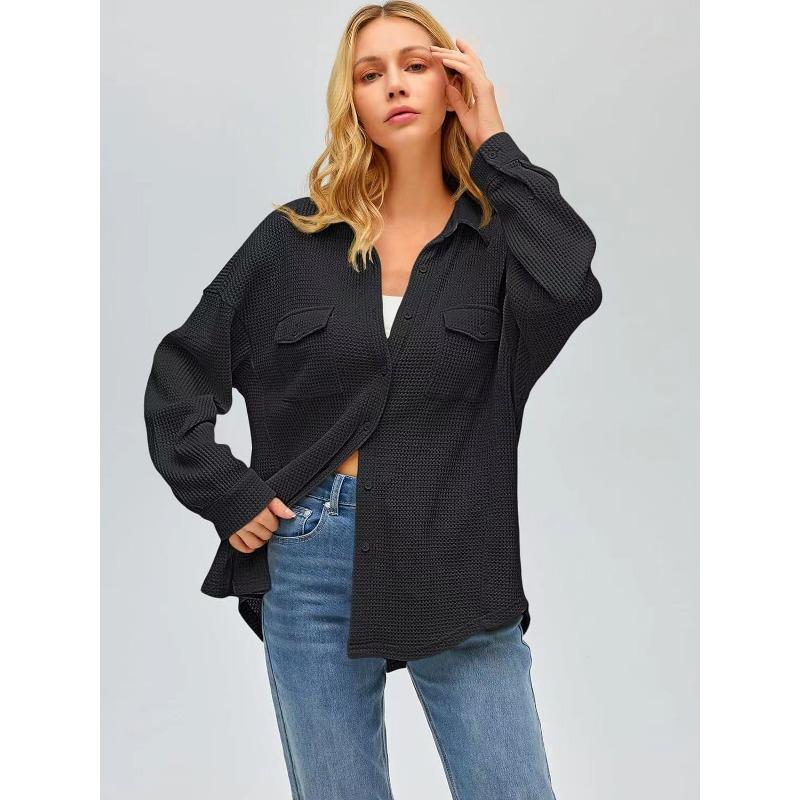 Women's Pocket Shirt Solid Color Casual Oversized Long Sleeve Waffle Weave Top