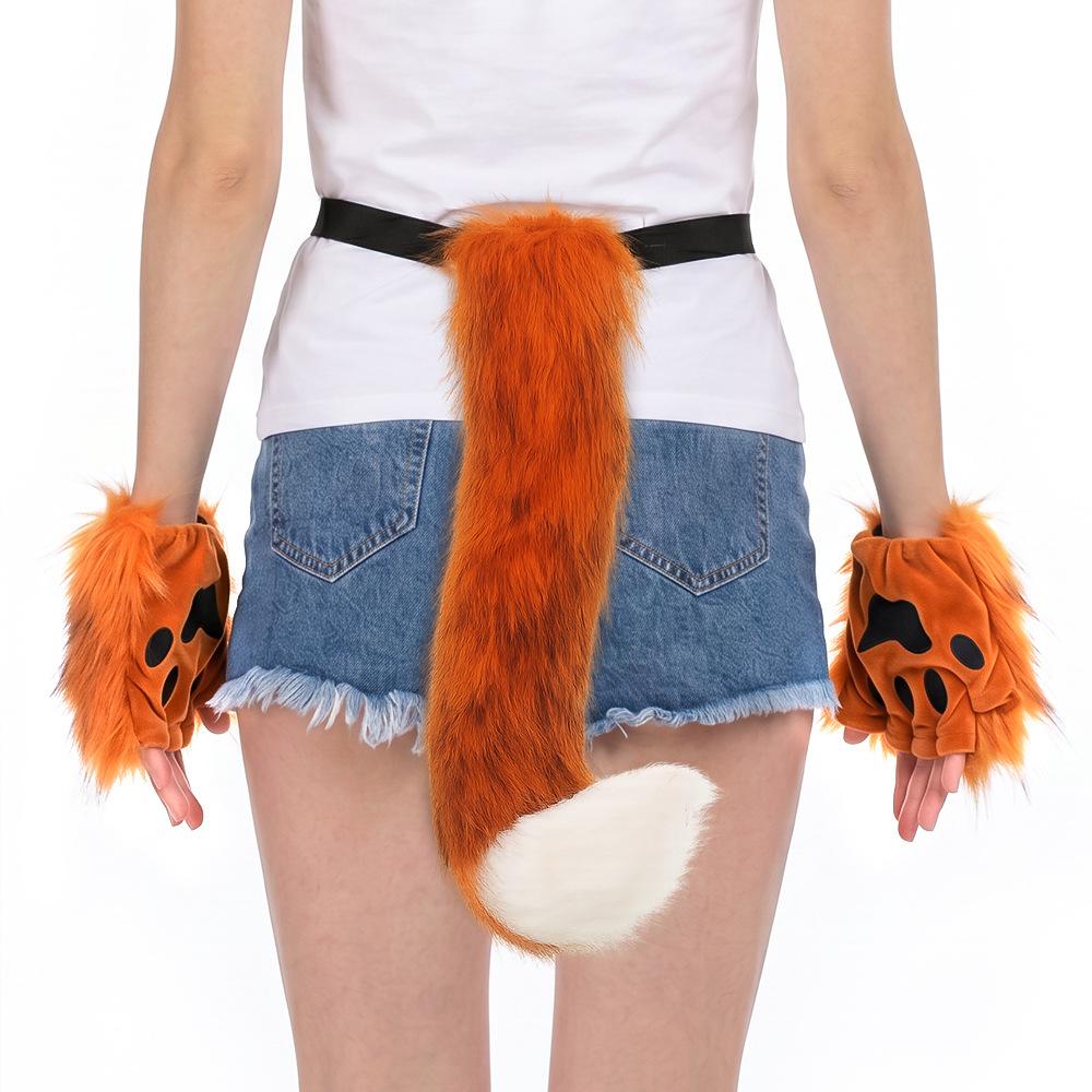 Faux Fur Cat Fox Mask Tail Paw Gloves Set Therian Costume Kit for Women Girls Adult Halloween Cosplay Masquerade Party
