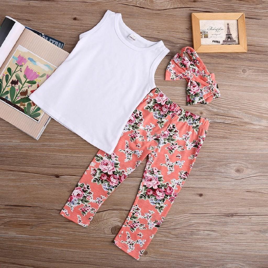 Adorable Toddler Girls Kids Floral Tops Pants Trousers Headband 3pcs Outfits Set Clothes