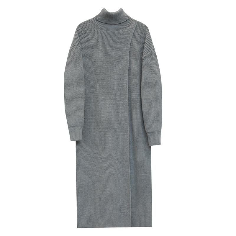 Autumn Winter Women Knitted Pullover Long Dresses High Necked Split Loose Sweater Dress Casual Temperament Women Clothes