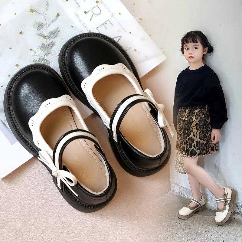 Autumn New Girl Leather Shoes Bowtie Black Beige School Causal Children Flat Elegant Round Toe Fashion Patchwork Kids Mary Janes