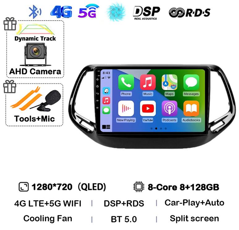 Android 14 Carplay Auto Car Radio For Jeep Compass 2017 2018 2019 GPS Navigation Stereo Multimedia Video Player 360 Camera WIFI