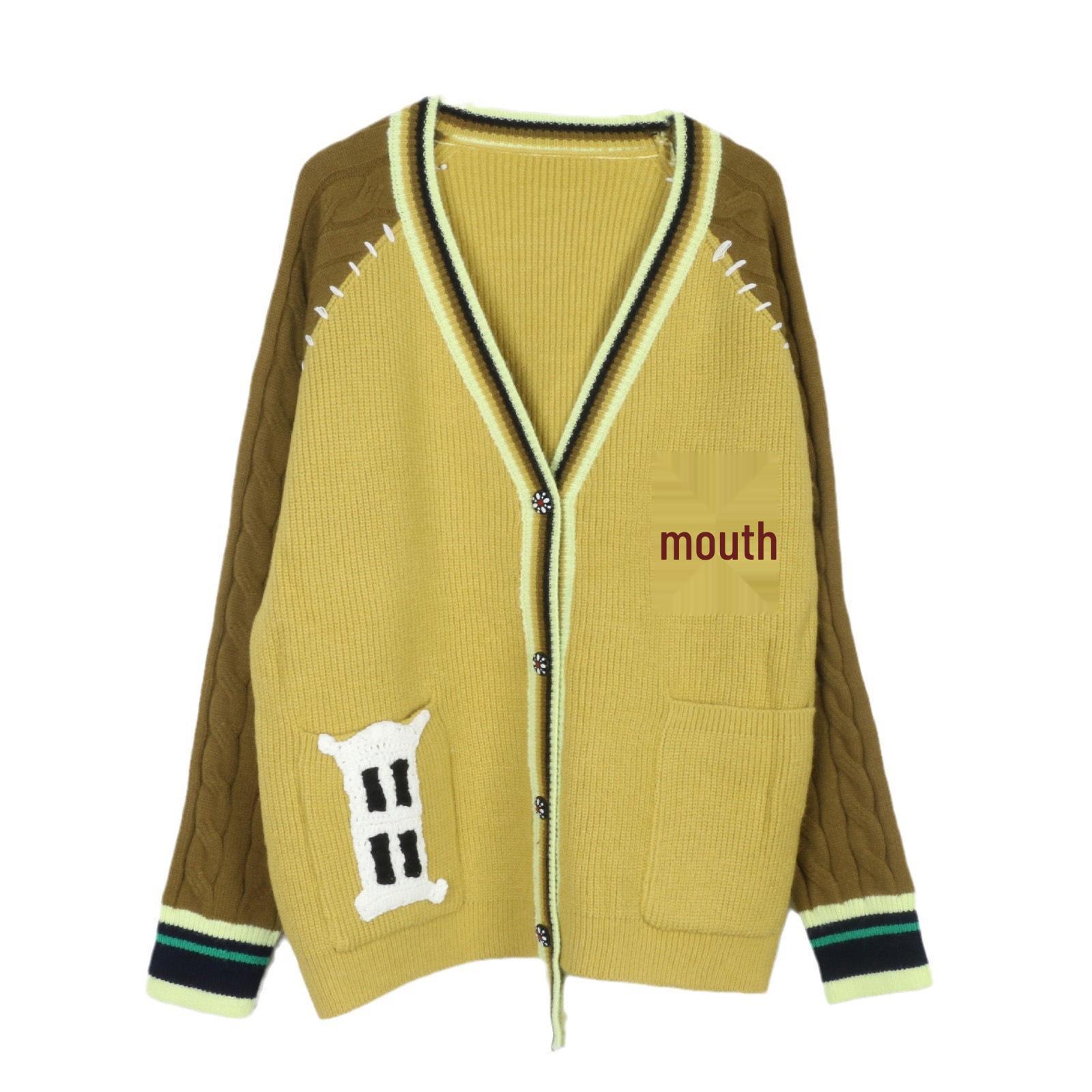 

Autumn/Winter Color Block V-Neck Knitted Cardigan - Loose, Slimming, Versatile Sweater Large