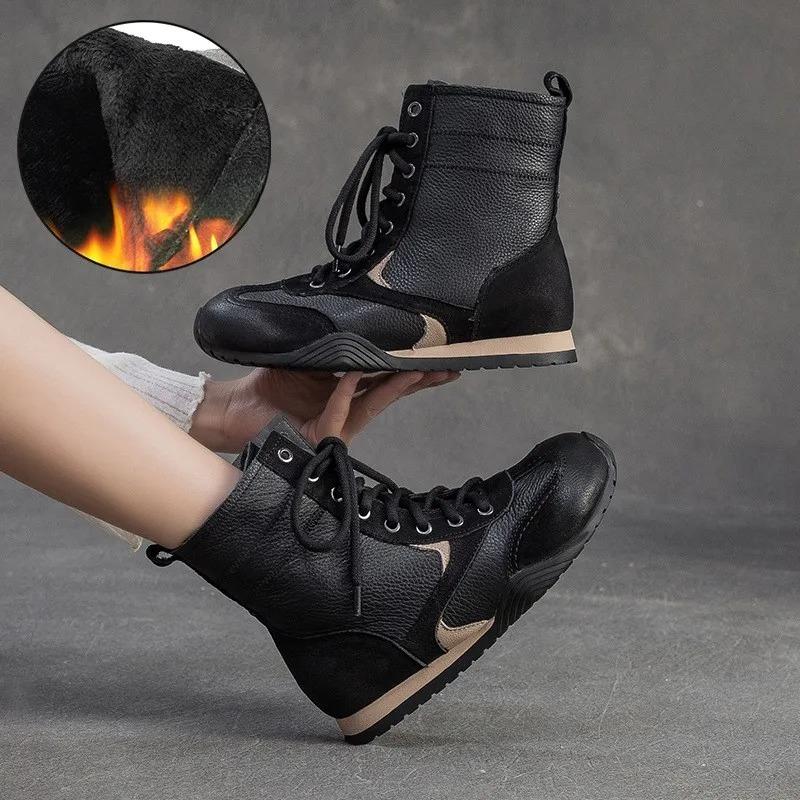 Johnature Plush Warm Retro Short Boots Genuine Leather Flat Cotton Shoes Commuter Women's Shoes