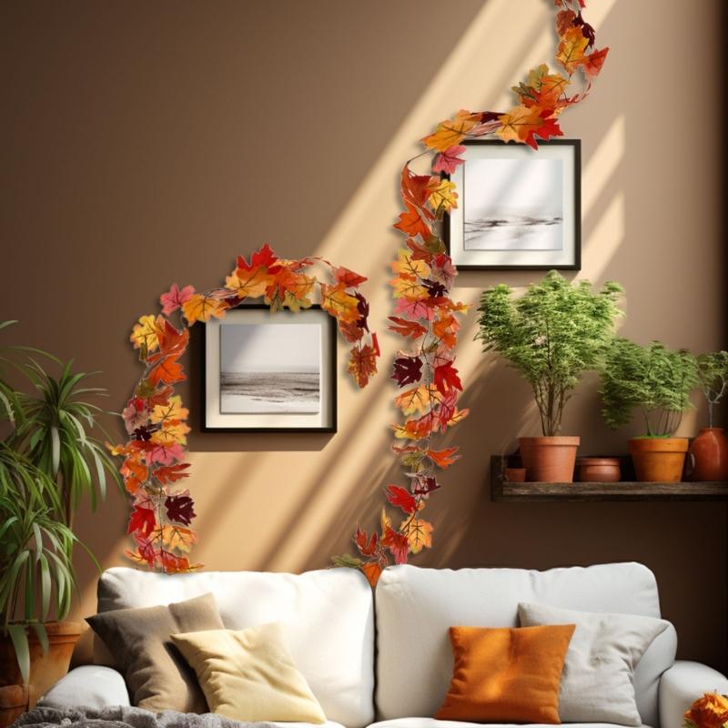 2Pcs Artificial Leaves Vine Hanging Plant for Thanksgiving Decoration, Artificial Vine Autumn Festival Decoration