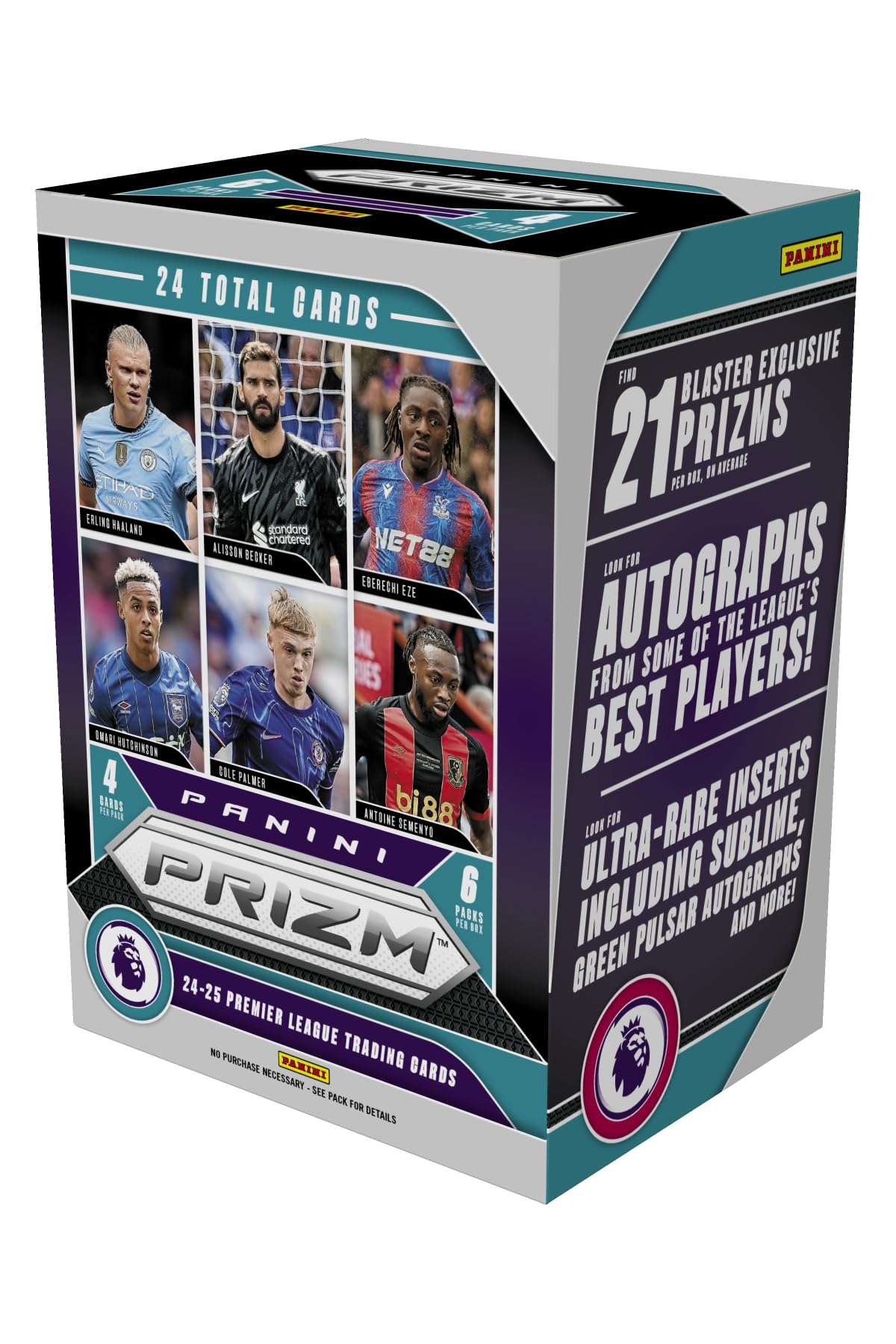 

Коробка-бластер Panini Prism Premier League Карточки для торговли футболом EPL Включает эксклюзивные для бластера и вставки Официальный розничный набор Panini 2024–25 – – Призмы,