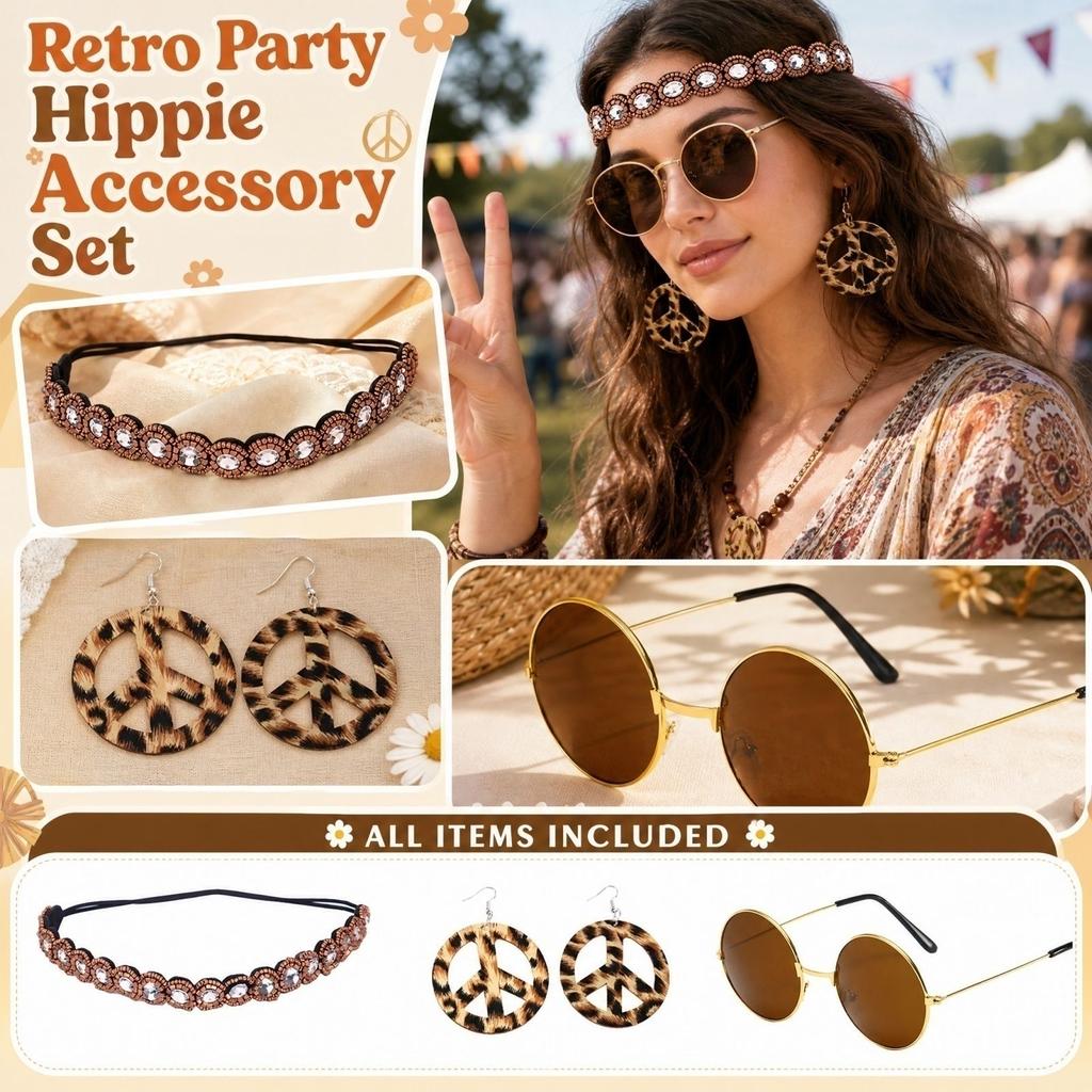 Retro Hippie Party Headband Sunglasses and Earring Set - Costume Accessories for Themed Events