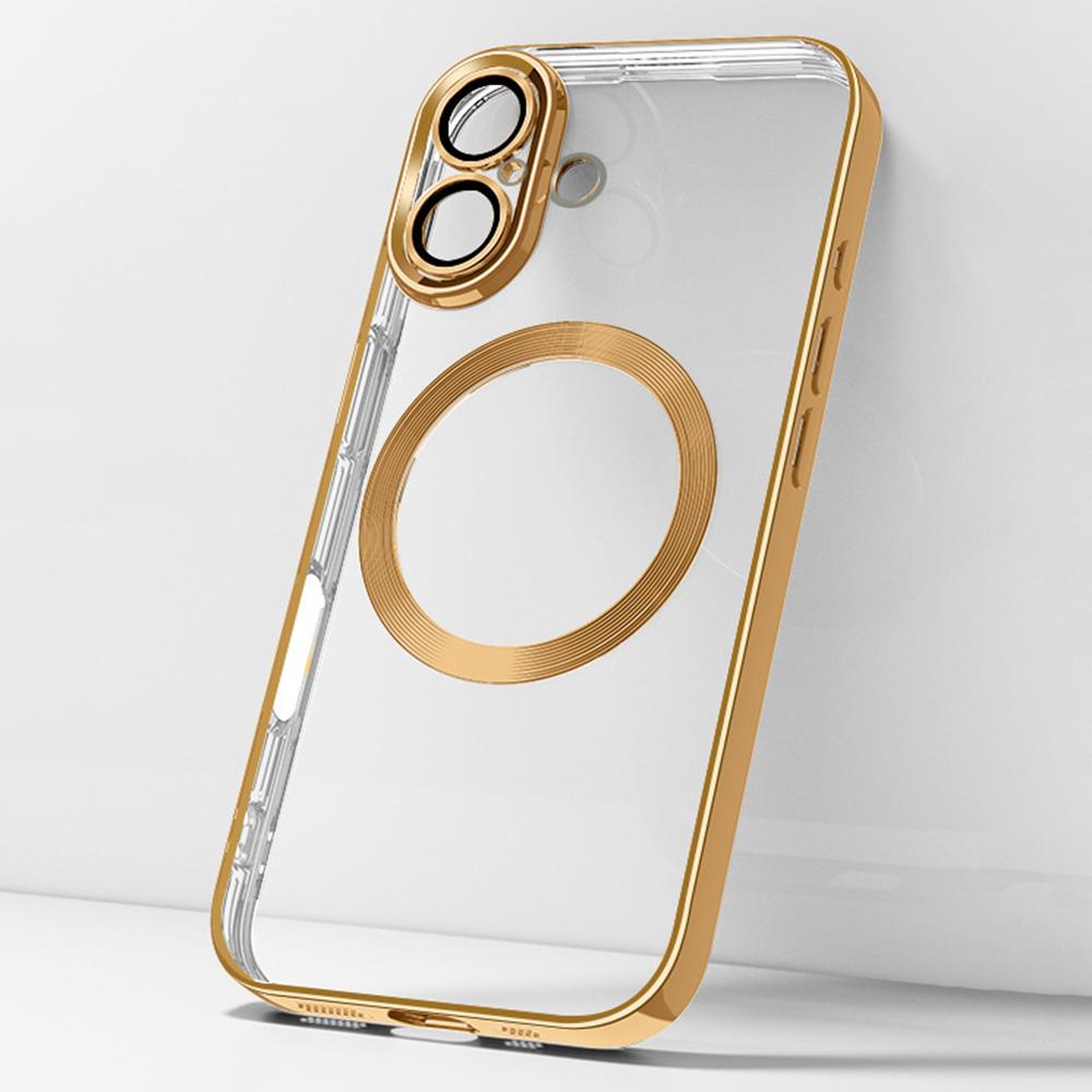 

For iPhone 16 Plus Case Electroplating Anti-Drop TPU Clear Phone Cover with Lens Film Compatible with MagSafe Gold