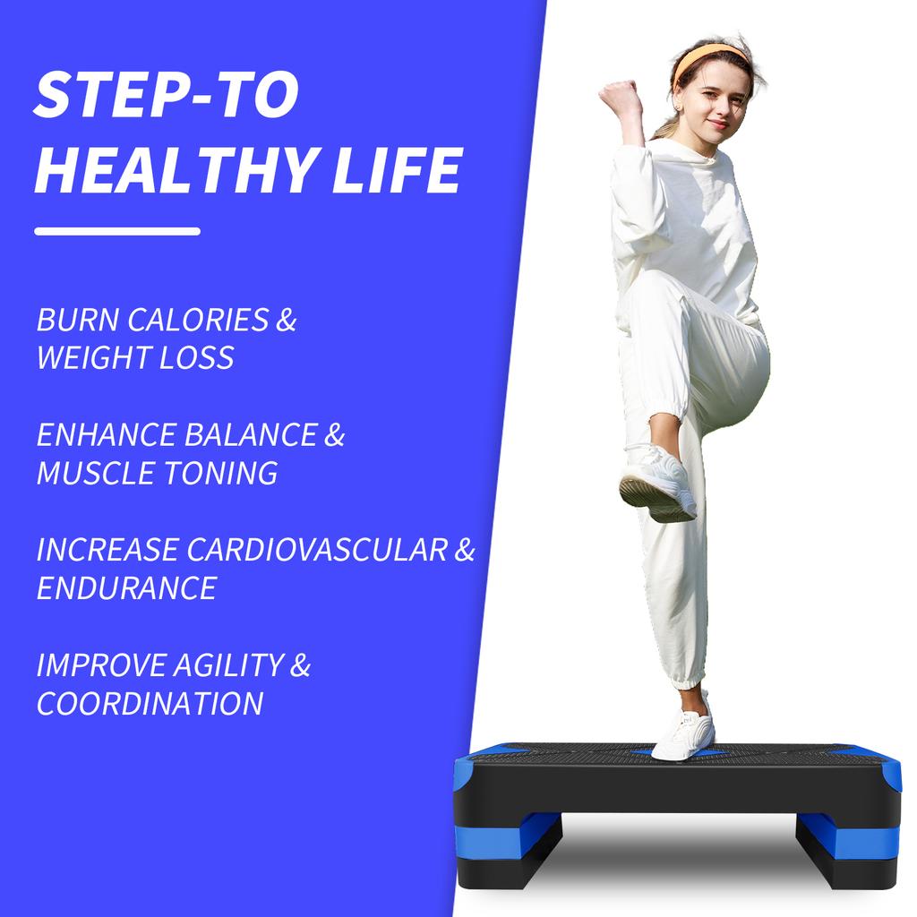 Aerobic Exercise Step Adjustable Stepper Platform for Step Up, 68.5cm/27" Step Deck with 10cm/4",15cm/6",20cm/8" Adjustable Height Risers (Blue)