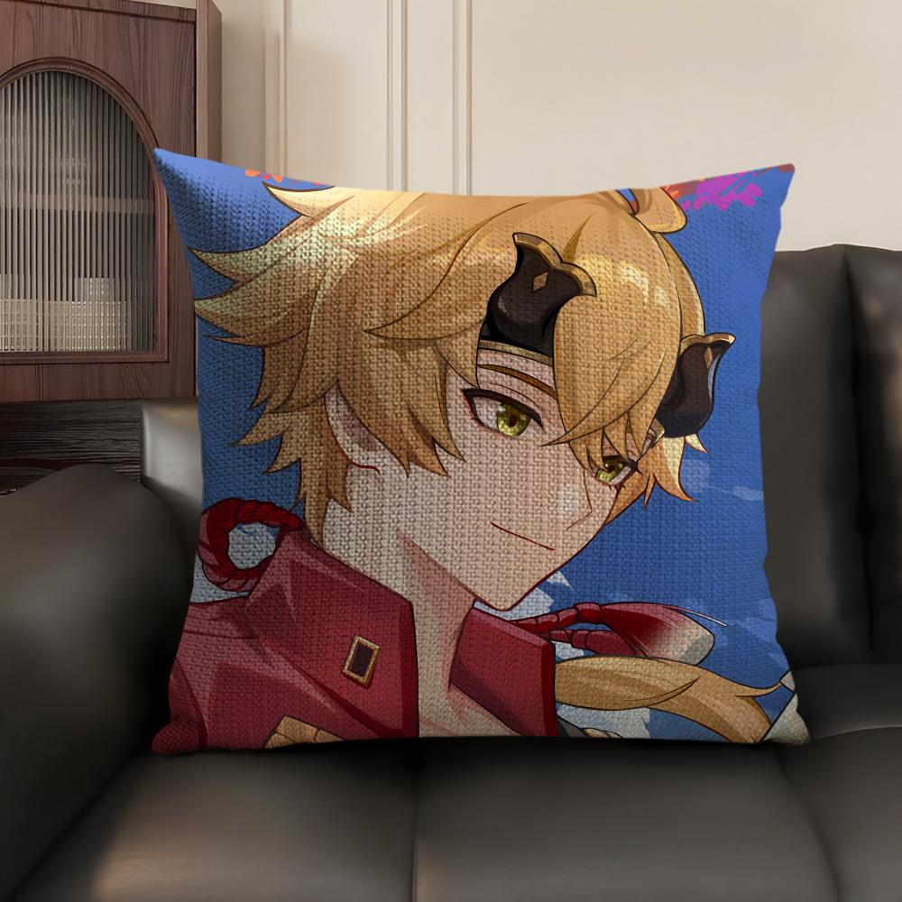 Thoma Genshin Impact Cute Cushion Cover Natural Linen Organic Fabric Double-Sided Printing Sofa Home Decor Gift Pillow Case