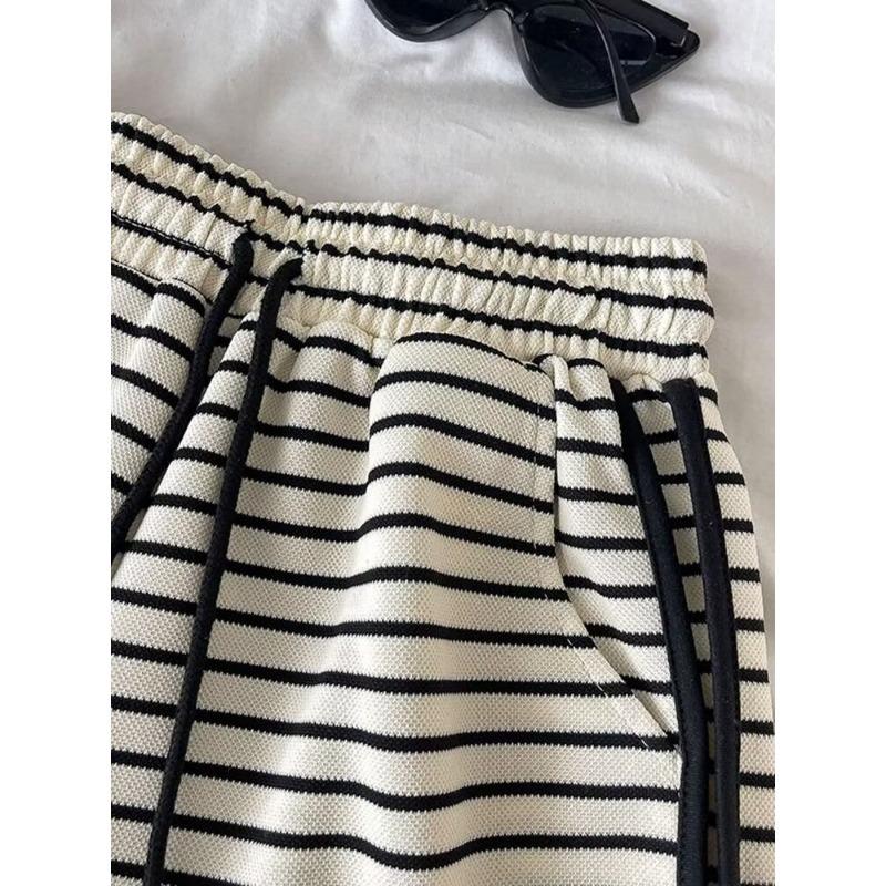Striped High-waisted Sports Pants Women's Loose Wide Leg Shorts Summer Thin Straight Elastic Waist Ins Casual Pants