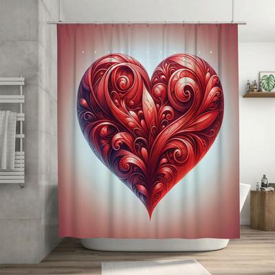 Elegant Red Filigree Heart Shower Curtain - Waterproof, Mildew-Resistant, Machine Washable for Romantic Bathroom Decor