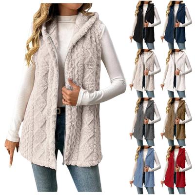 Women's Fashionable Solid Color Sleeveless Hooded Zipper Casual Plush Vest Jacket