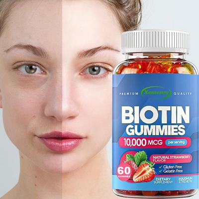 Contiene 10.000 microgramos de biotina, una sustancia beneficiosa para la salud del cabello y la piel, apta para adultos.