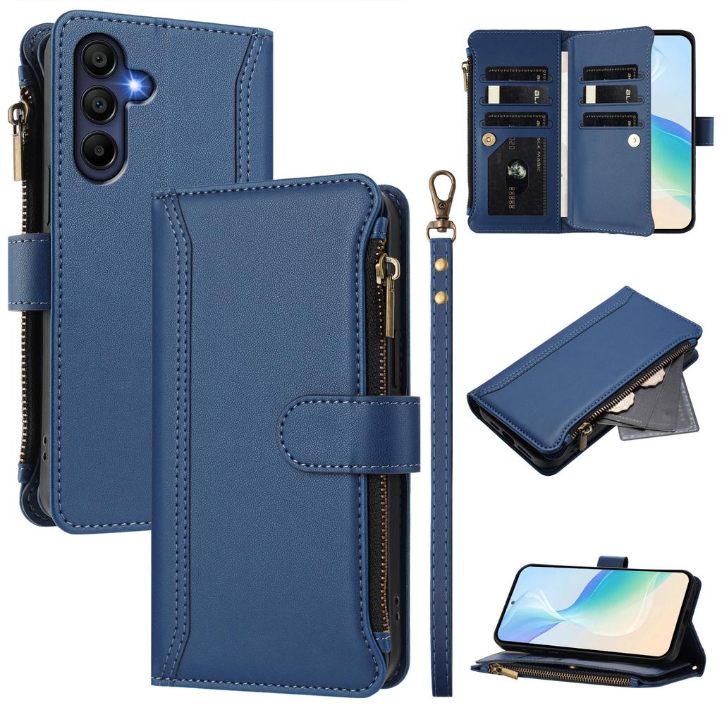 For Samsung Galaxy A16 4G/Galaxy A16 5G Leather Case 9 Card Slots Zipper Wallet Stand Phone Cover with Wrist Strap
