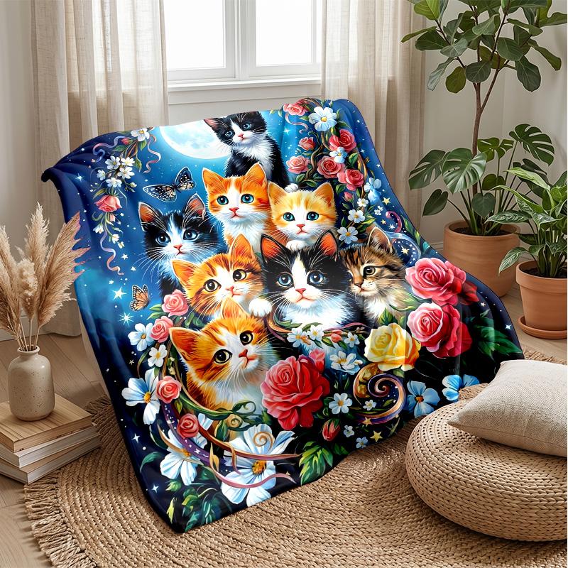 Magical Night with Rabbit and Cat Theme Blanket Lightweight Warm Flannel Blanket Decorative Throw Blanket for Home Decoration