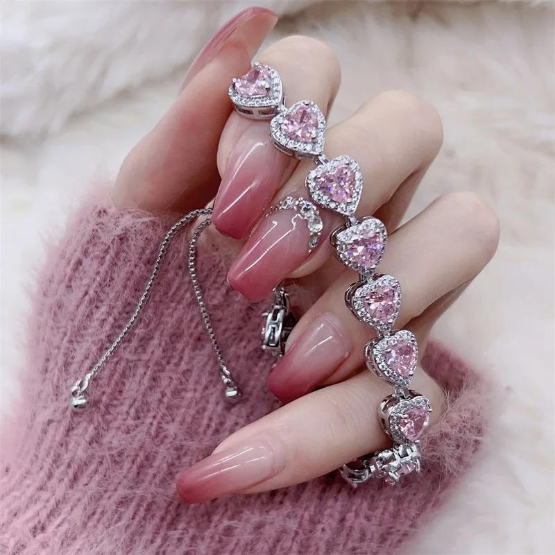 Fashion White Pink Heart Women Silver Bracelets Bangles for Girl Shinny Cut CZ Bridal Adjustable Bracelet Party Jewelry