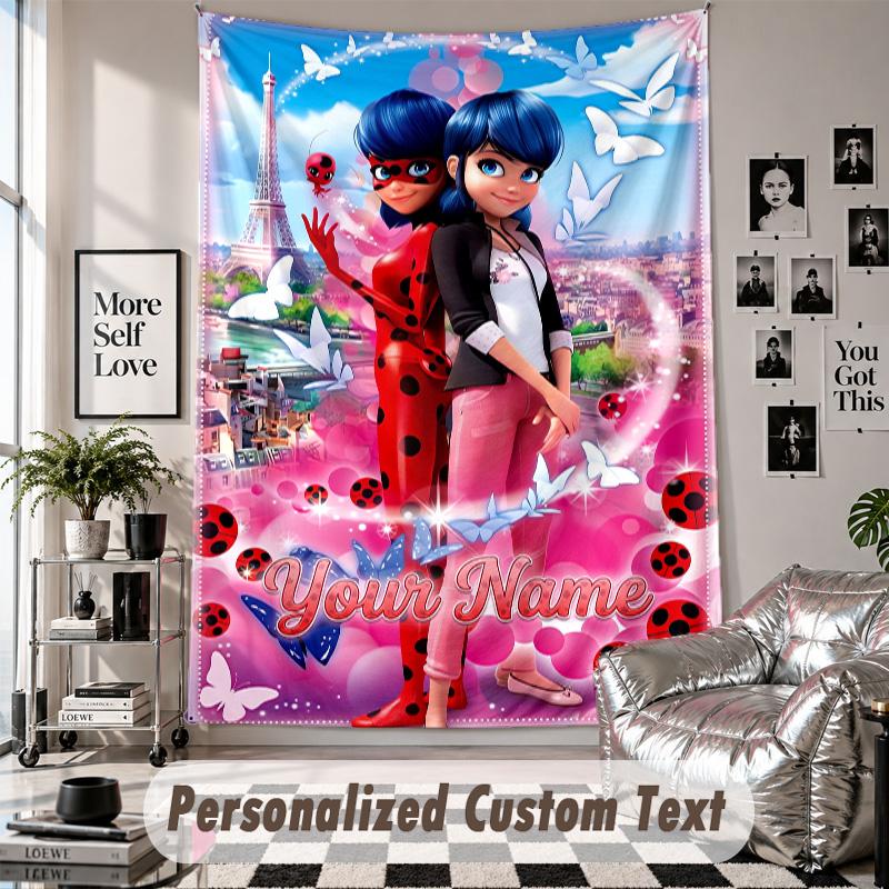 Wall Hanging Tapestry With Custom Name & Text, Miraculous Ladybug Decorative Tapestry For Bedroom