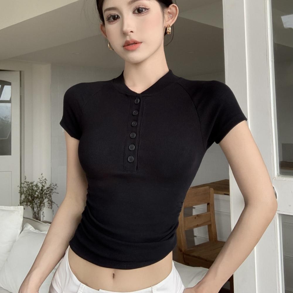 V Neck Button T Shirt Basic Short Sleeve Crop Top Women T-shirt Casual Tank Top Slim Female Crop Top Fashion Girl Tee Shirt Y2k Streetwear
