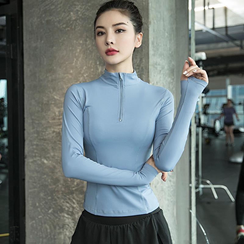 Women s Quick-Dry Stand Collar Yoga Top with Long Sleeves and Short Zipper Medium