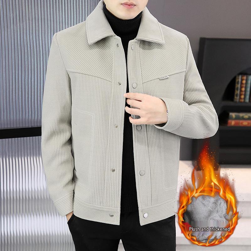 Men's Short Woolen Lapel Coat - Warm Autumn/Winter Casual Jacket with Plus Velvet