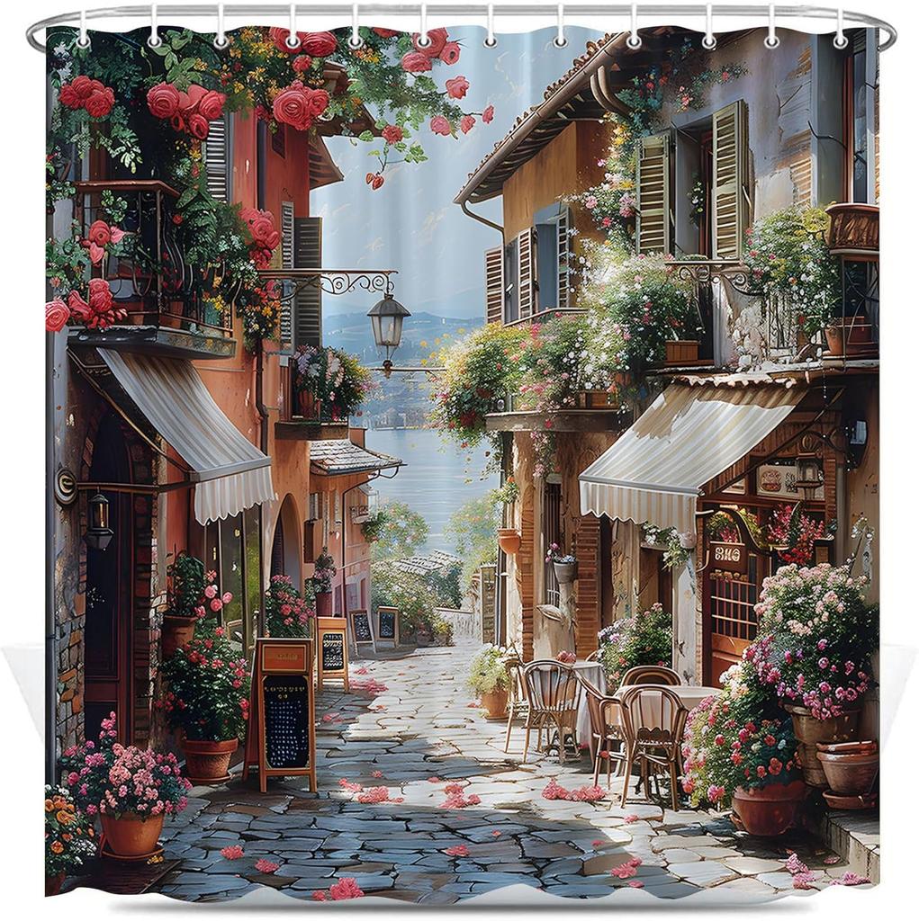 Italy Street Shower Curtain Renaissance Mediterranean Cafe in Tuscany Rustic Floral Farmhouse Scenery Bathroom Decor Curtains