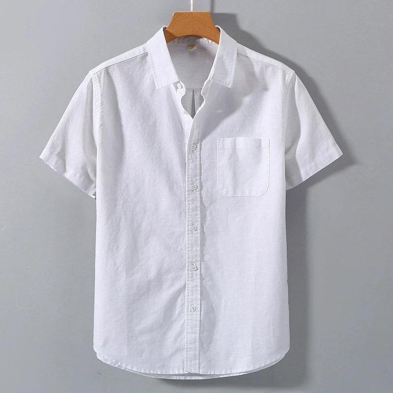 Summer Men's Short Sleeve Shirts Solid Color Stand Collar Oversize T Shirts Breathable Loose Youth Basic Cotton Pocket Shirts