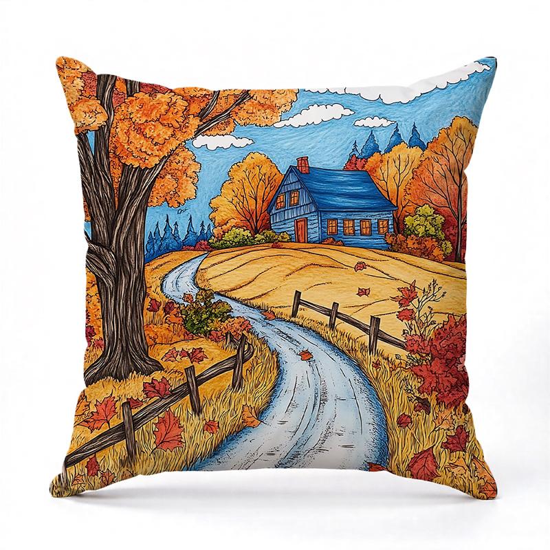 Autumn Countryside Scenes Printed Decorative Throw Pillows Square Polyester Pillowcase, Modern Sofa Decorative Cushion Cover