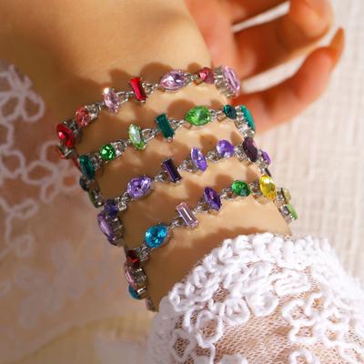 Women Bracelet Irregular Cubic Zirconia Inlaid Adjustable Length Stacking Bracelet Rainbow Color Bracelet Jewelry Gift