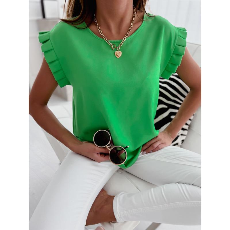 1PCS Summer Women's Short Sleeve T-shirt Fashion Thin Solid Color Simple Round Neck Lotus Leaf Sleeve Shirt Casual Loose Top