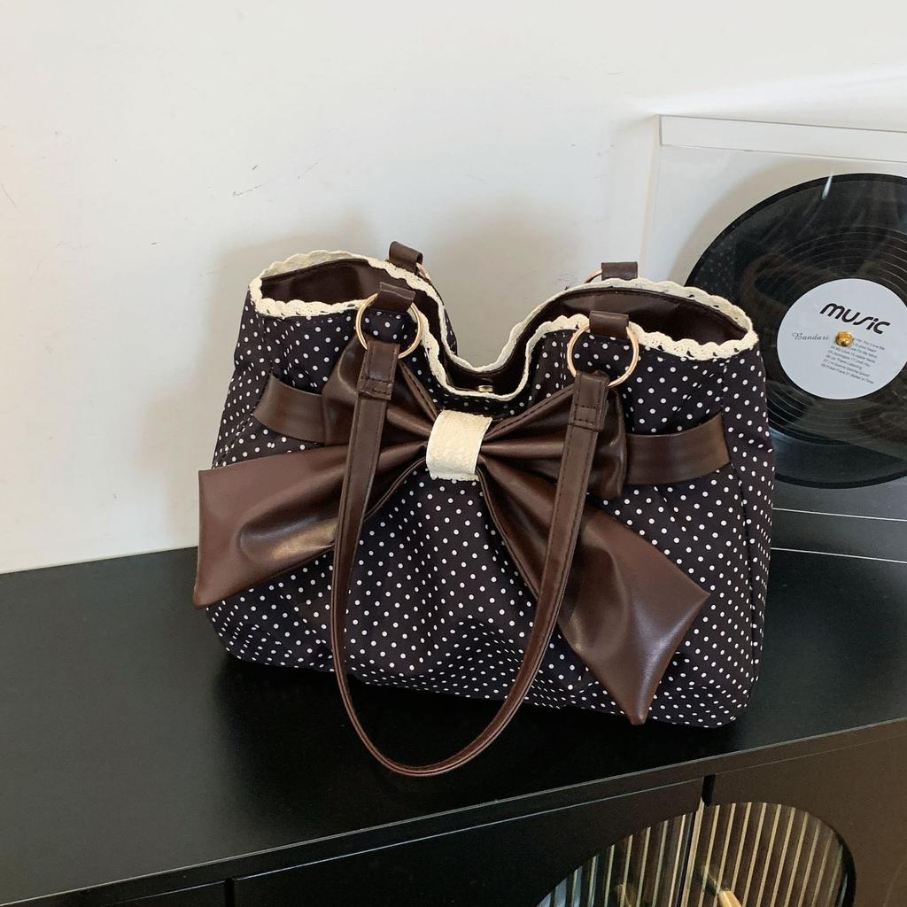 Neue Mode Polka Dot Schleife Spitze Große Kapazität Schultertasche für Damen Pendler Tote Handtasche