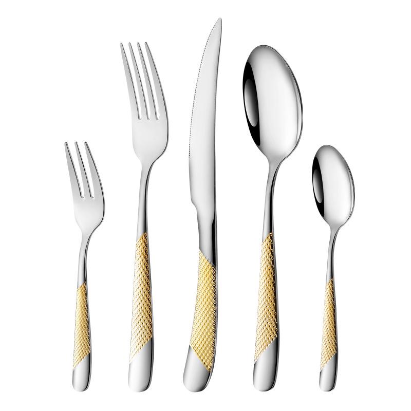 Star Diamond Stainless Steel Gold-Plated Flatware Set: Luxury Knife, Fork, and Spoon for Upscale Dining.