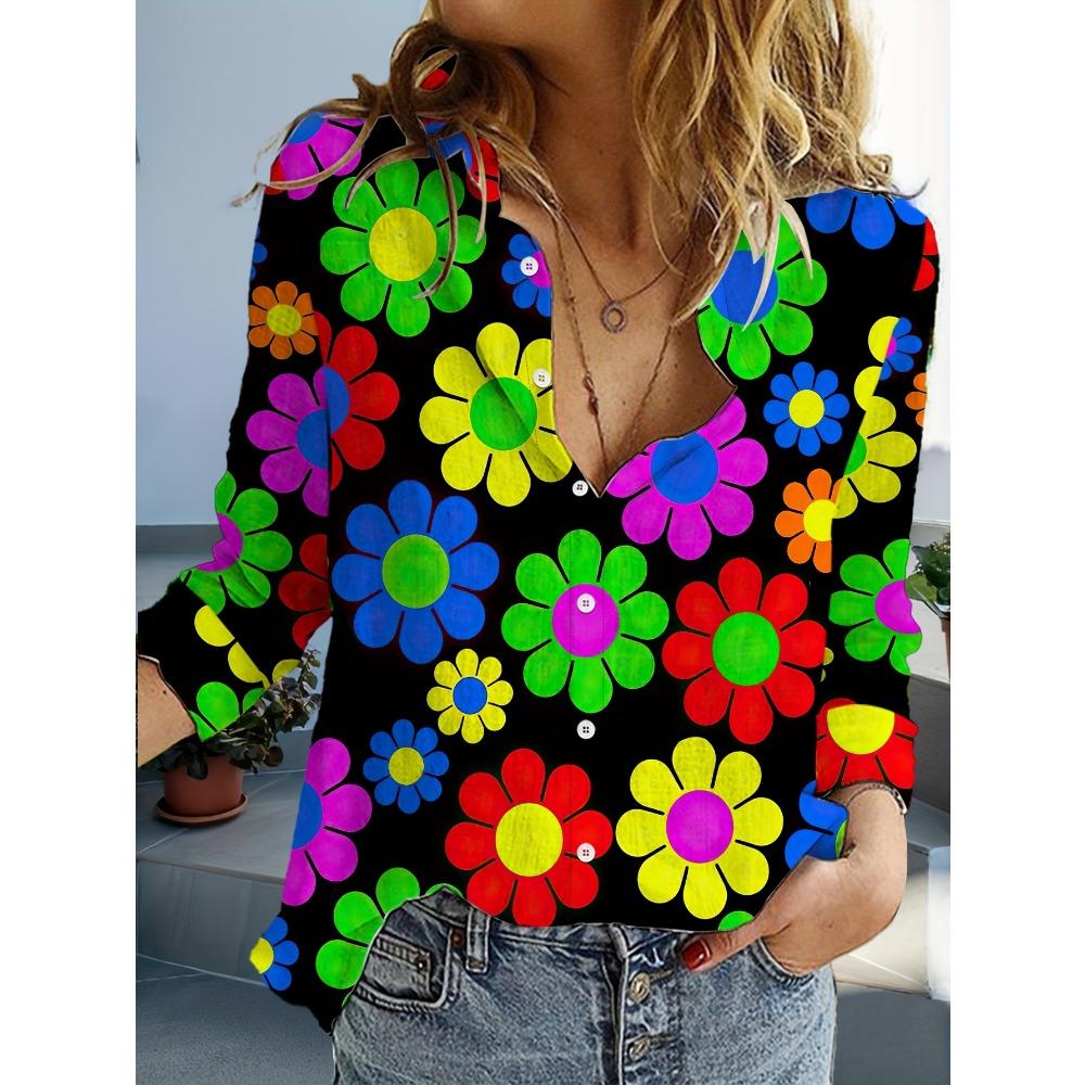 Women's Casual Flower Print Blouse Lapel Neck Blouse Women Long Sleeve Shirts Womens Clothing Casual Clothes Female Clothing