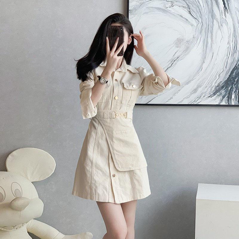 Denim Dress for Women French Short Dress Long Sleeve Workwear Wrap Hip Casual Ladies Style Casual Korean Sexy Mini Dress