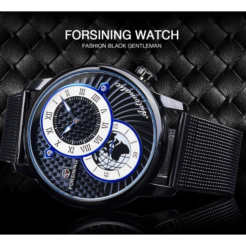 FORSINING Automatic Mechanical Wristwatch Military Sport Male Clock Luxury Golden Case Creative Dial Men Stainless Steel Mesh Strap Watch