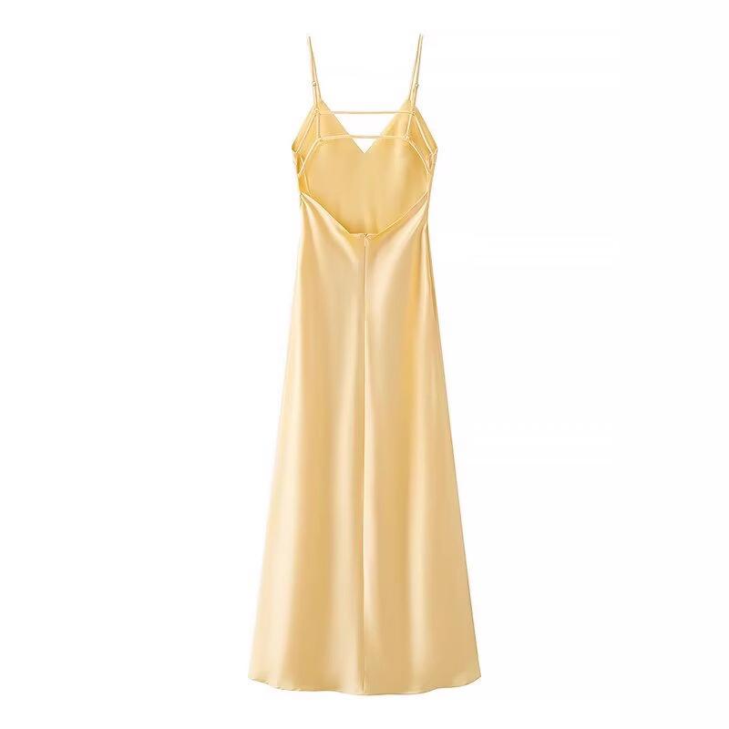 ZA European & American Style Gold Satin Spaghetti Strap Midi Dress