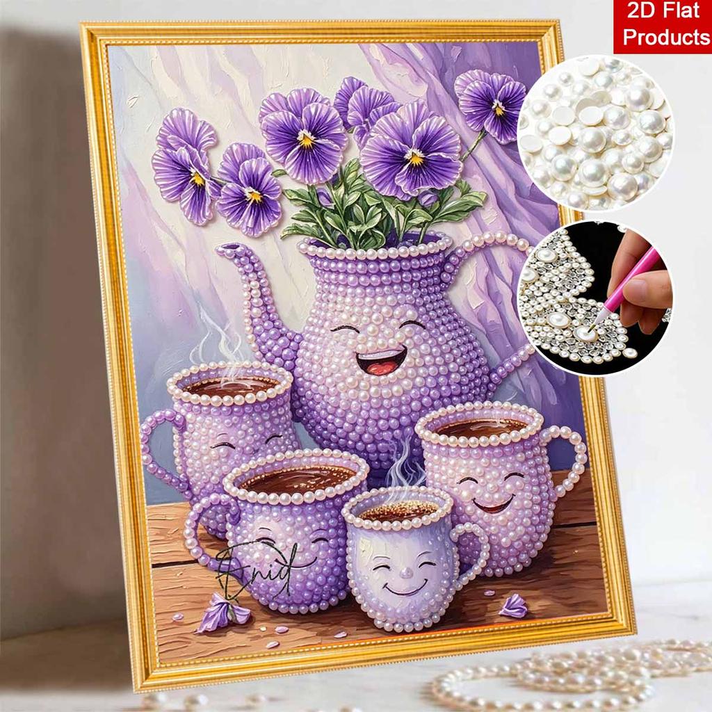 Purple Flower Teapot Cups Pearl Painting Set Pearl Art DIY Handmade Crafts Home Wall Decoration