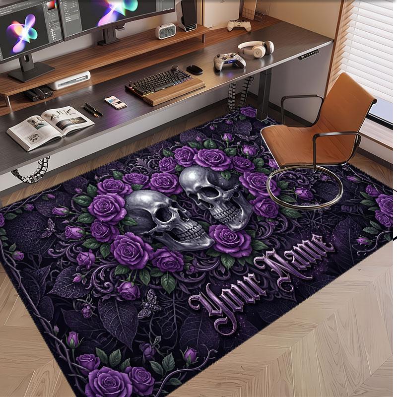 Skull Gothic Theme Soft Crystal Velvet Rug Custom Name & Text Print Non Slip Floor Rug for Bedroom Living Room