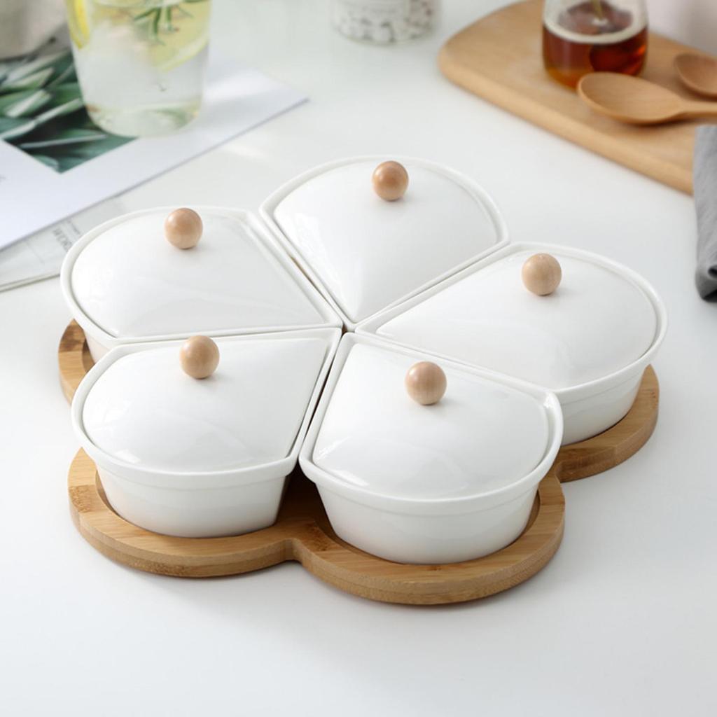 Ceramic Divided Serving Dishes with Lid Relish Tray for Home Kitchen Chips Rotation