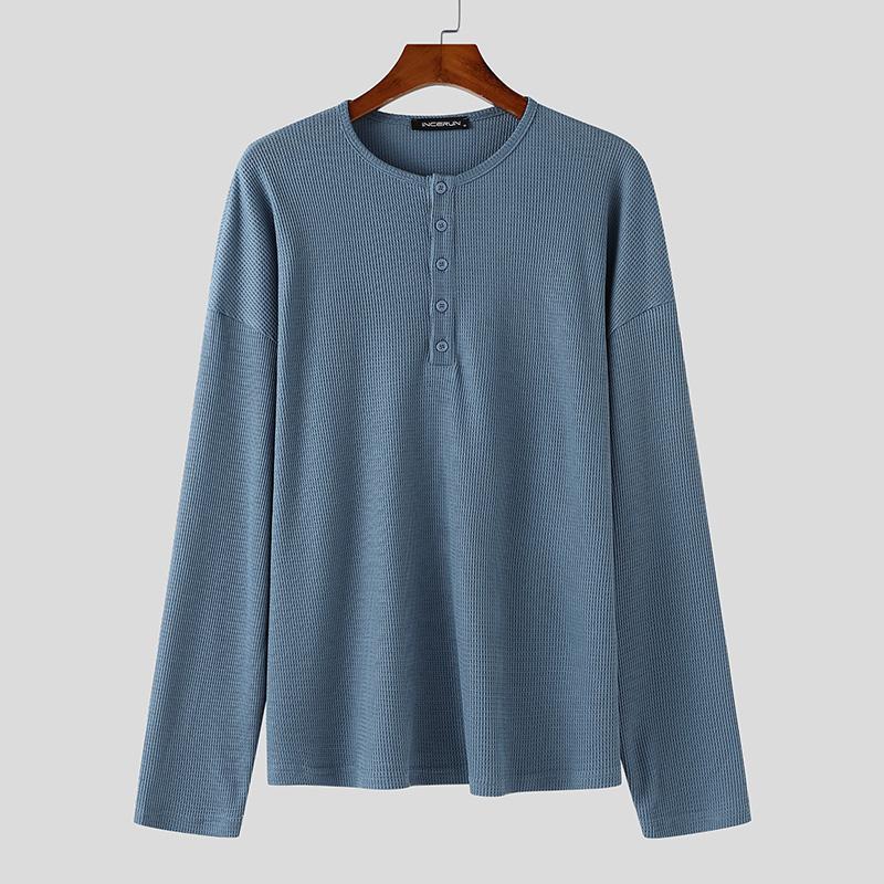 

INCERUN свободные мужские футболки с круглым вырезом и длинным рукавом на пуговицах, повседневные свободные полупрозрачные футболки, топы S синий