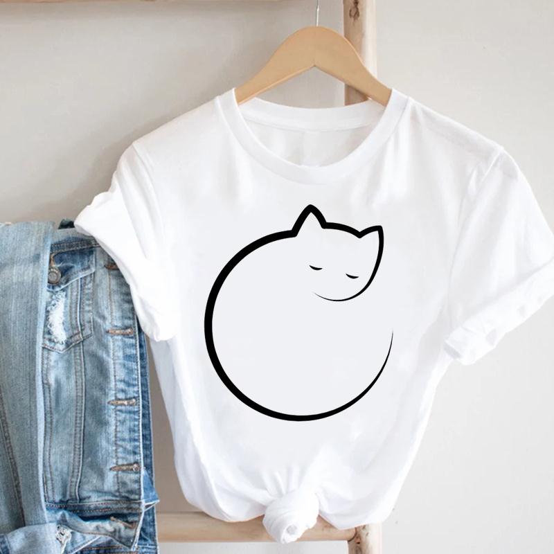 Summer Cat Women Short Sleeve Print Tee Top Love Cute Style Fashion T-shirt  Lady Female Clothing Casual Graphic T-shirt