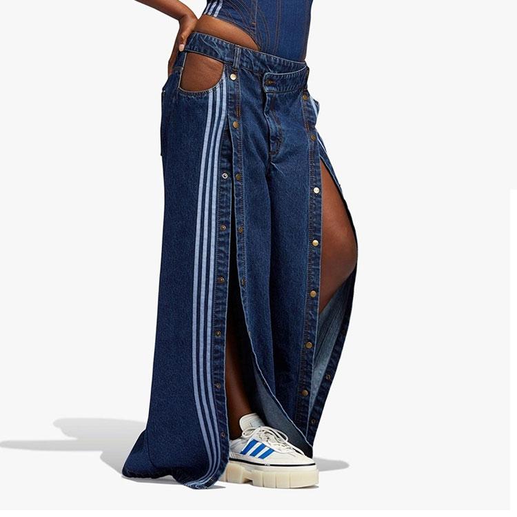 Adidas Originals X Ivy Park Collaboration Three Leaves Button Closure Split Hem Wide Leg Jeans Women Jeans Blue H61716