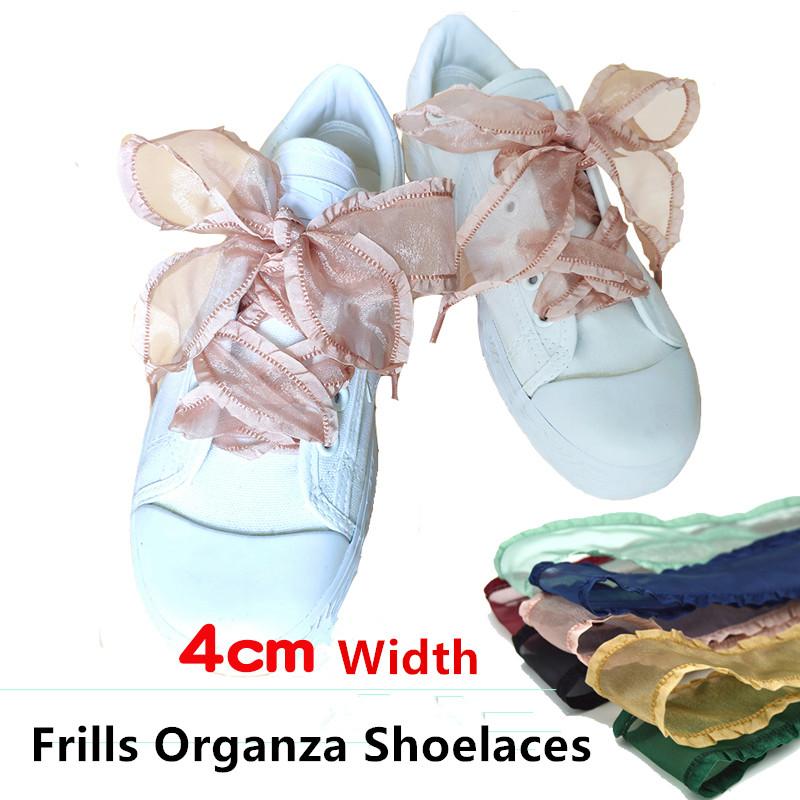 Fashion Shoes Cswo01 Men's Navy Blue 4Cm Widened Frill Organza Shoelaces 18 Colors Chiffen Yarn Bow Wide Laces Trend Beauty White Casual Sneaker Shoes Laces Dropship 80Cm