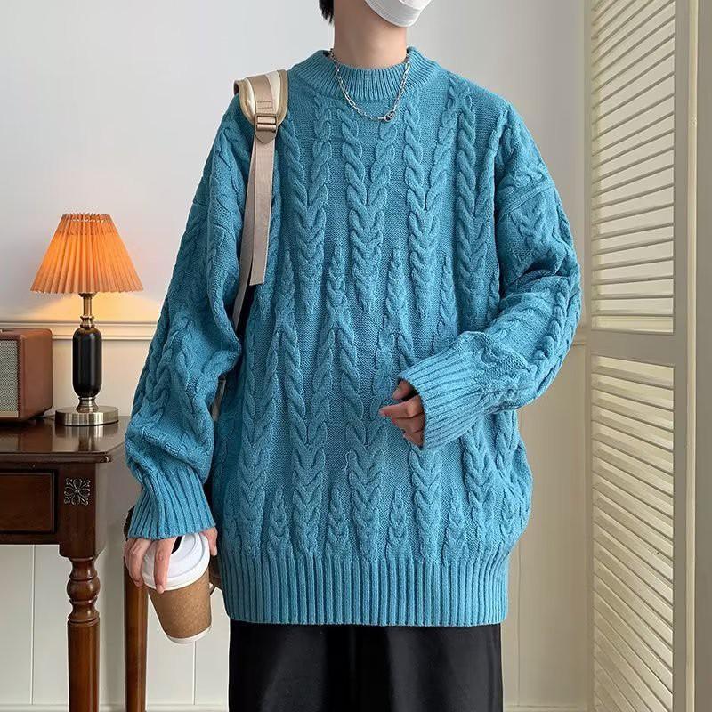 Oversized Knit Sweater Men Women Japanese Style Cable Pullover Loose Fit Round Neck Casual Cardigan