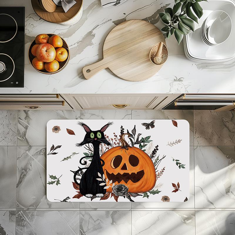 Halloween Rug Cat Crow Skeleton Ghost Pumpkin Printed for Halloween Floor Decoration Rug Entrance Mat Living Room Bedroom Decor